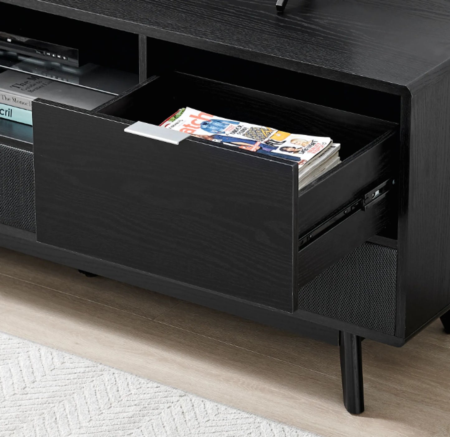 Larsen TV Stand showing open drawer