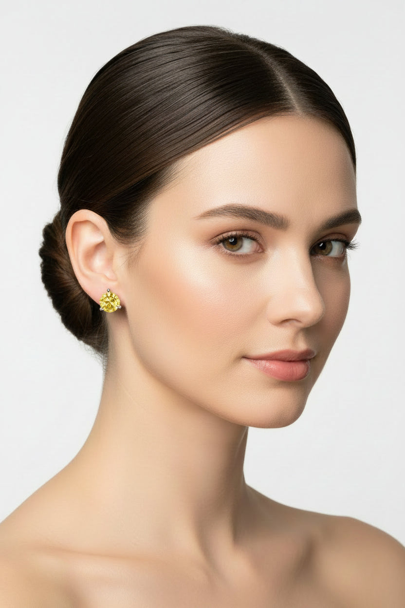 14K Gold 3 - Prong Martini Set Yellow Lab Grown Diamond Solitaire Stud Earrings - Nobiliving