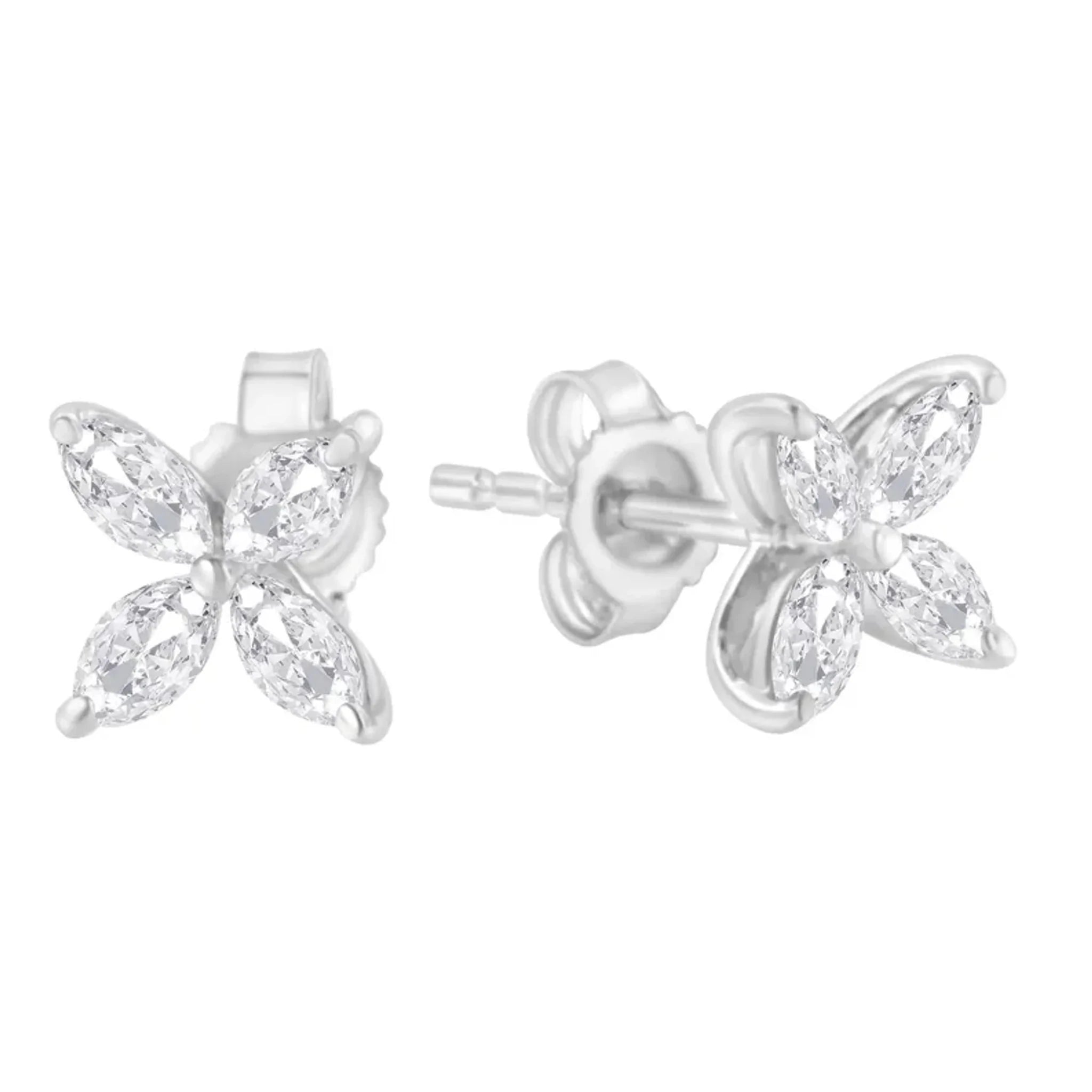 14K Gold Marquise Diamond 8 Stone Floral Leaf Stud Earrings