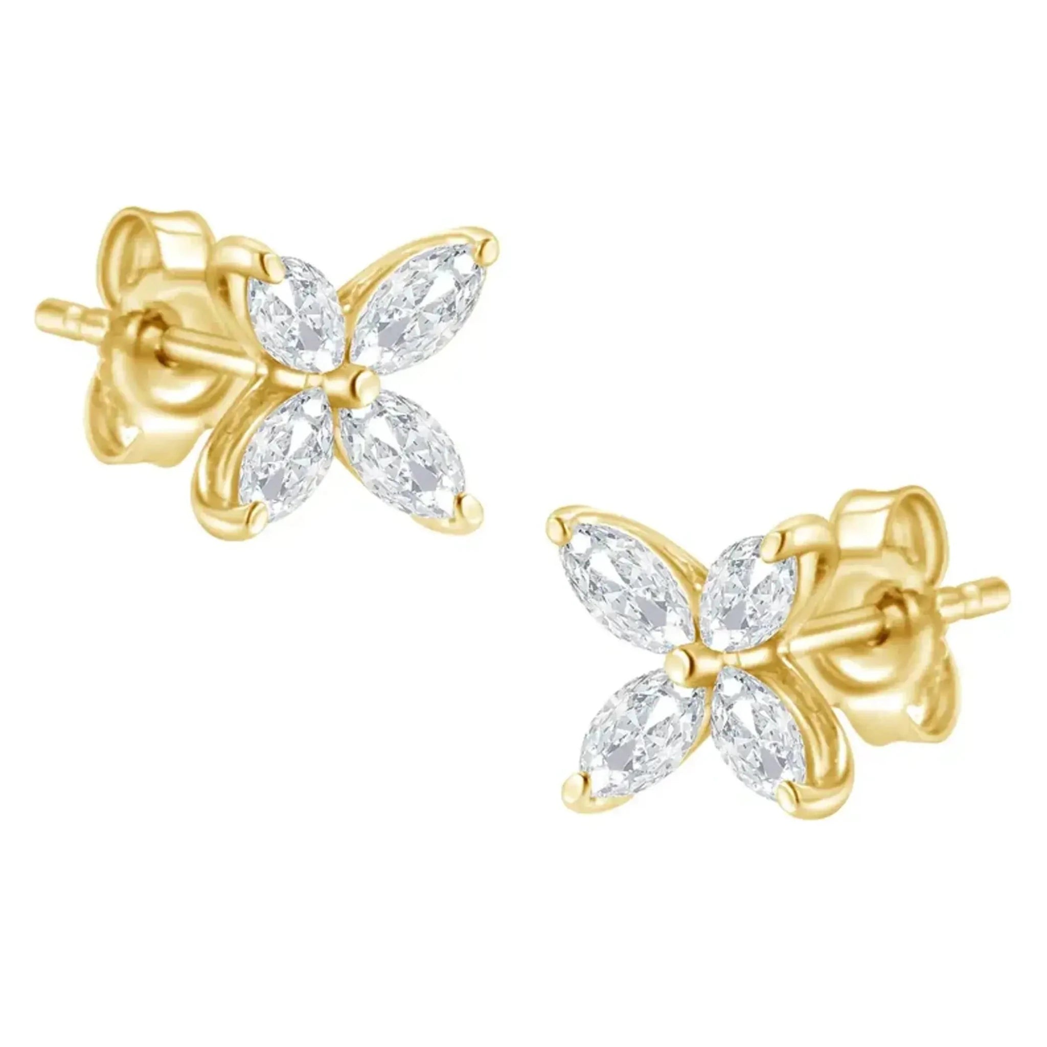 14K Gold Marquise Diamond 8 Stone Floral Leaf Stud Earrings