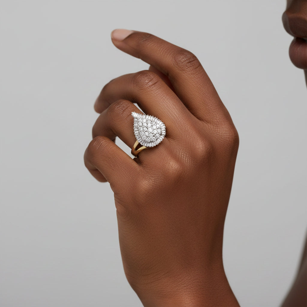 14K Gold Round & Baguette Diamond Ballerina Cocktail Ring