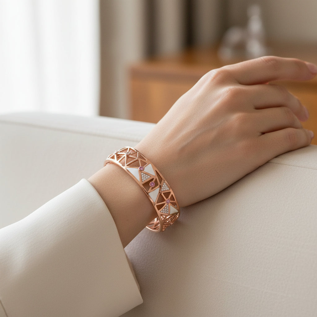 14K Rose Gold 5/8 Cttw Diamond with Pink Tourmaline Open Cuff Bangle - Nobiliving