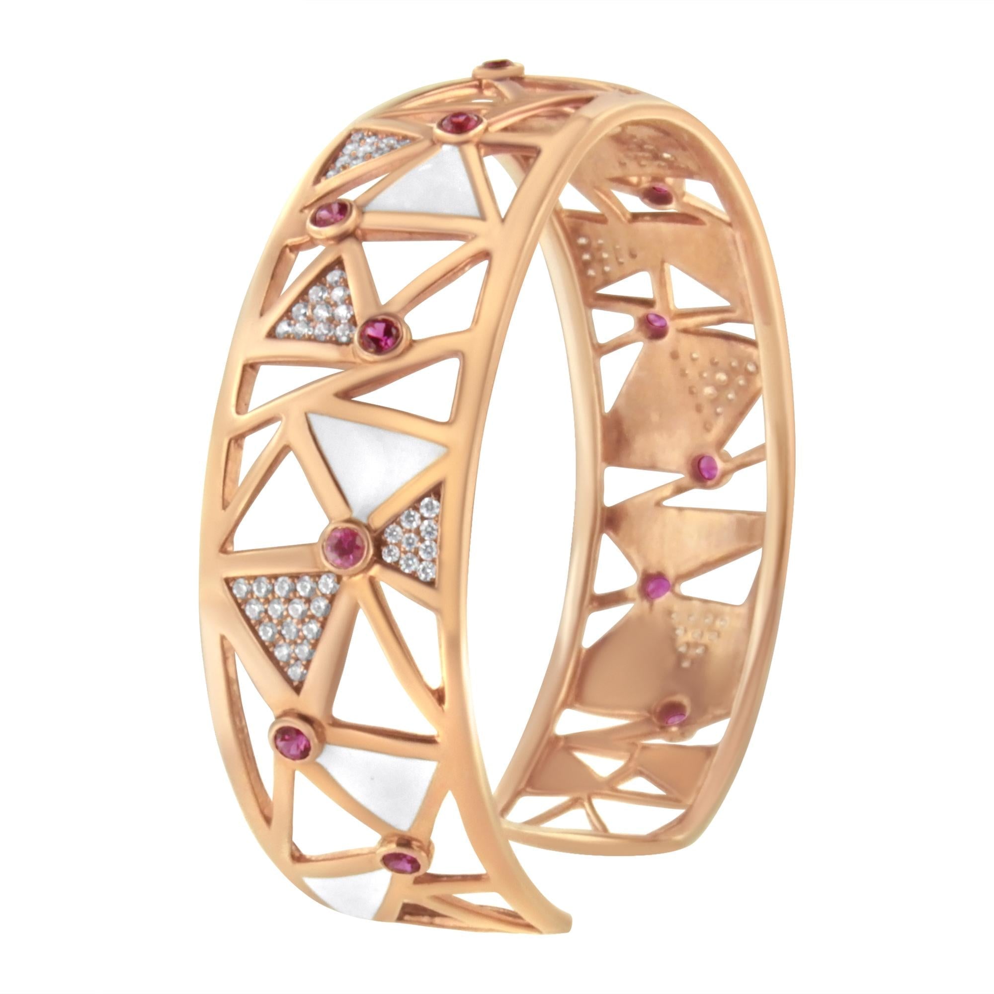 14K Rose Gold 5/8 Cttw Diamond with Pink Tourmaline Open Cuff Bangle - Nobiliving