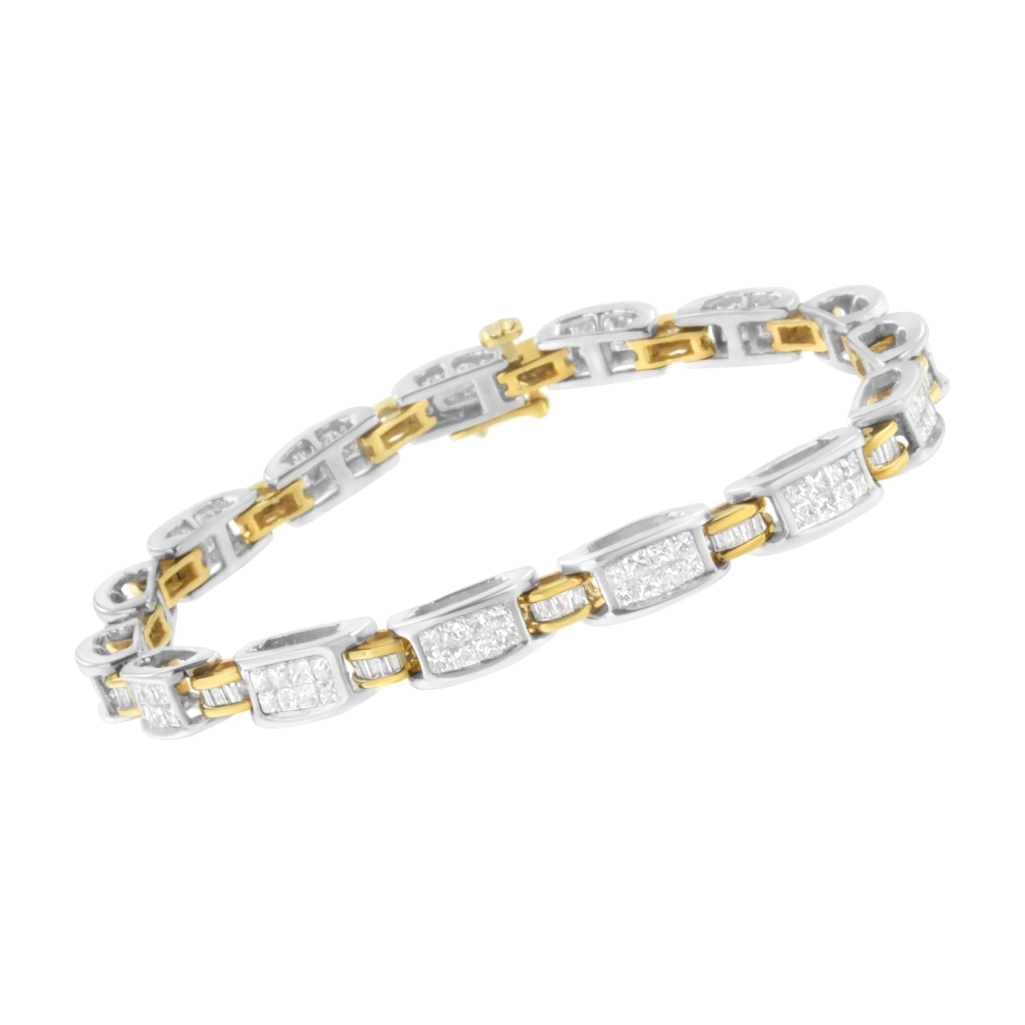 14K Two - Tone Gold Princess and Baguette-Cut Diamond Link Bracelet (3.00 cttw, H - I Color, SI1 - SI2 Clarity) - Nobiliving