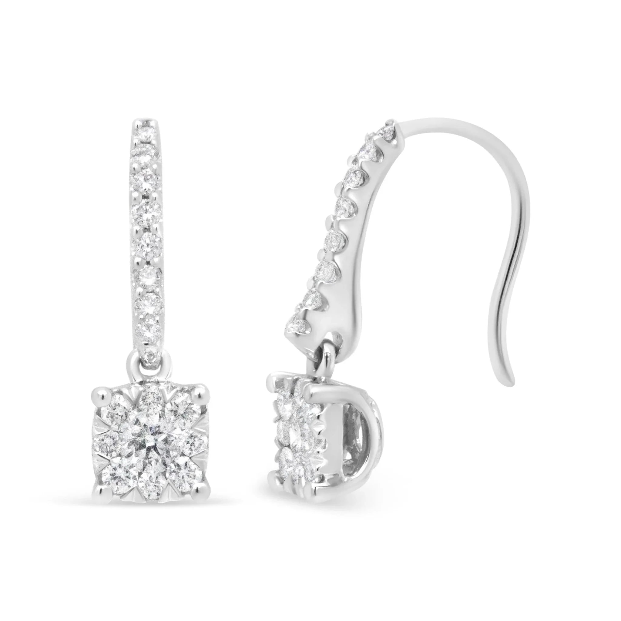 14K White .5 Cttw Round Diamond Halo Dangle Hook Earrings