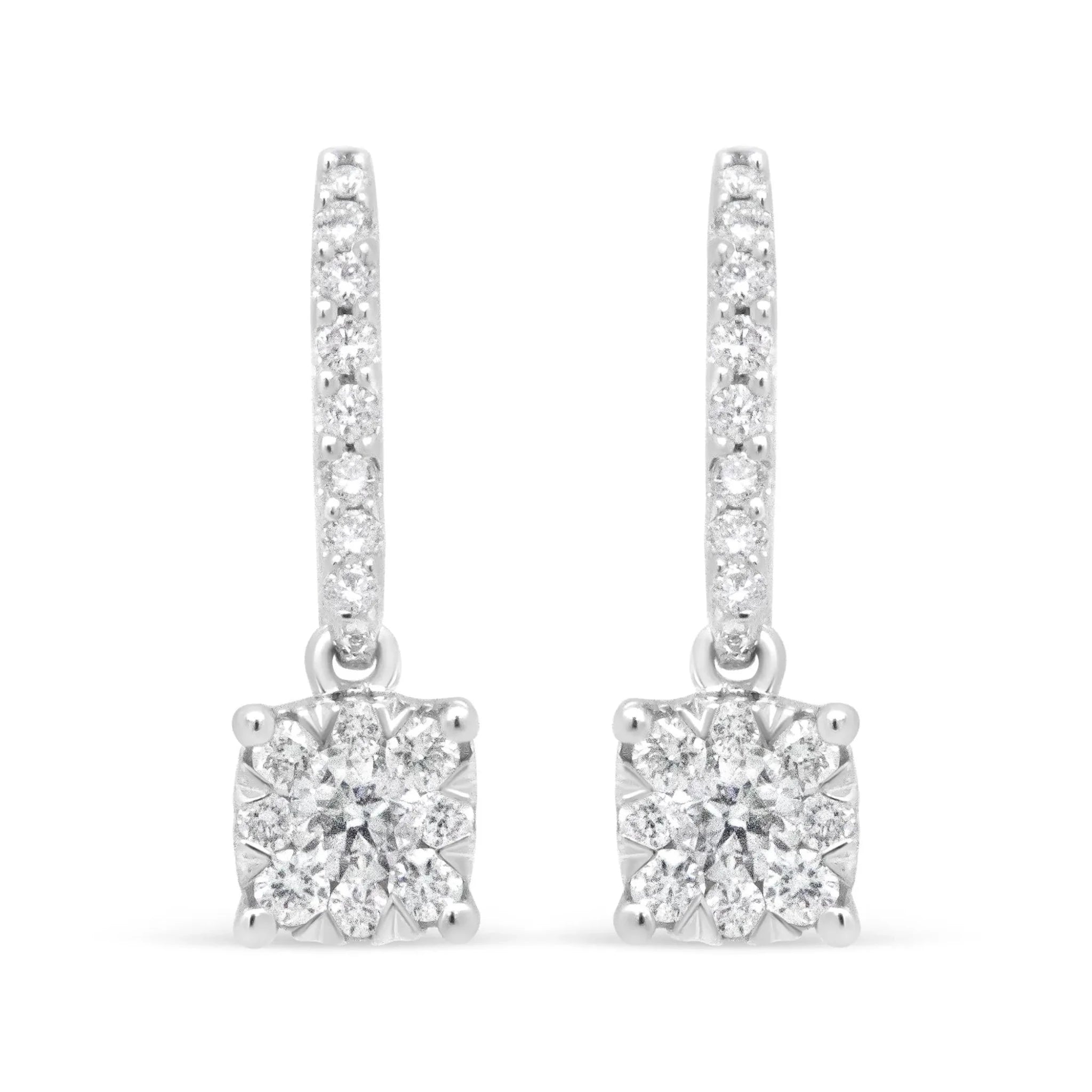 14K White .5 Cttw Round Diamond Halo Dangle Hook Earrings