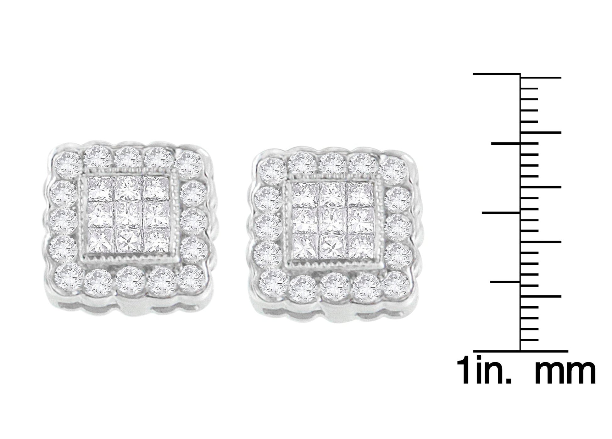 14K White Gold 1.0 Cttw Round Brilliant & Princess Cut Diamond Scallop - Edge Framed Square Halo Stud Earrings - Nobiliving