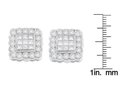 14K White Gold 1.0 Cttw Round Brilliant & Princess Cut Diamond Scallop - Edge Framed Square Halo Stud Earrings - Nobiliving