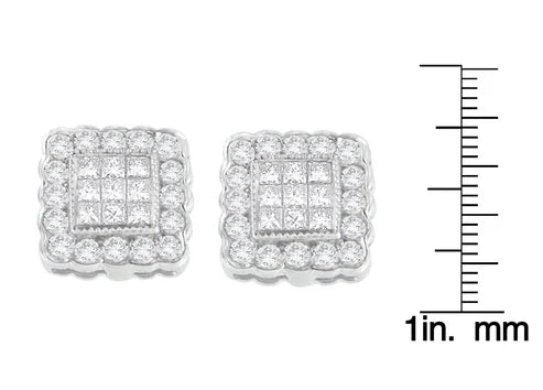 14K White Gold 1.0 Cttw Round Brilliant & Princess Cut Diamond Halo Stud Earrings