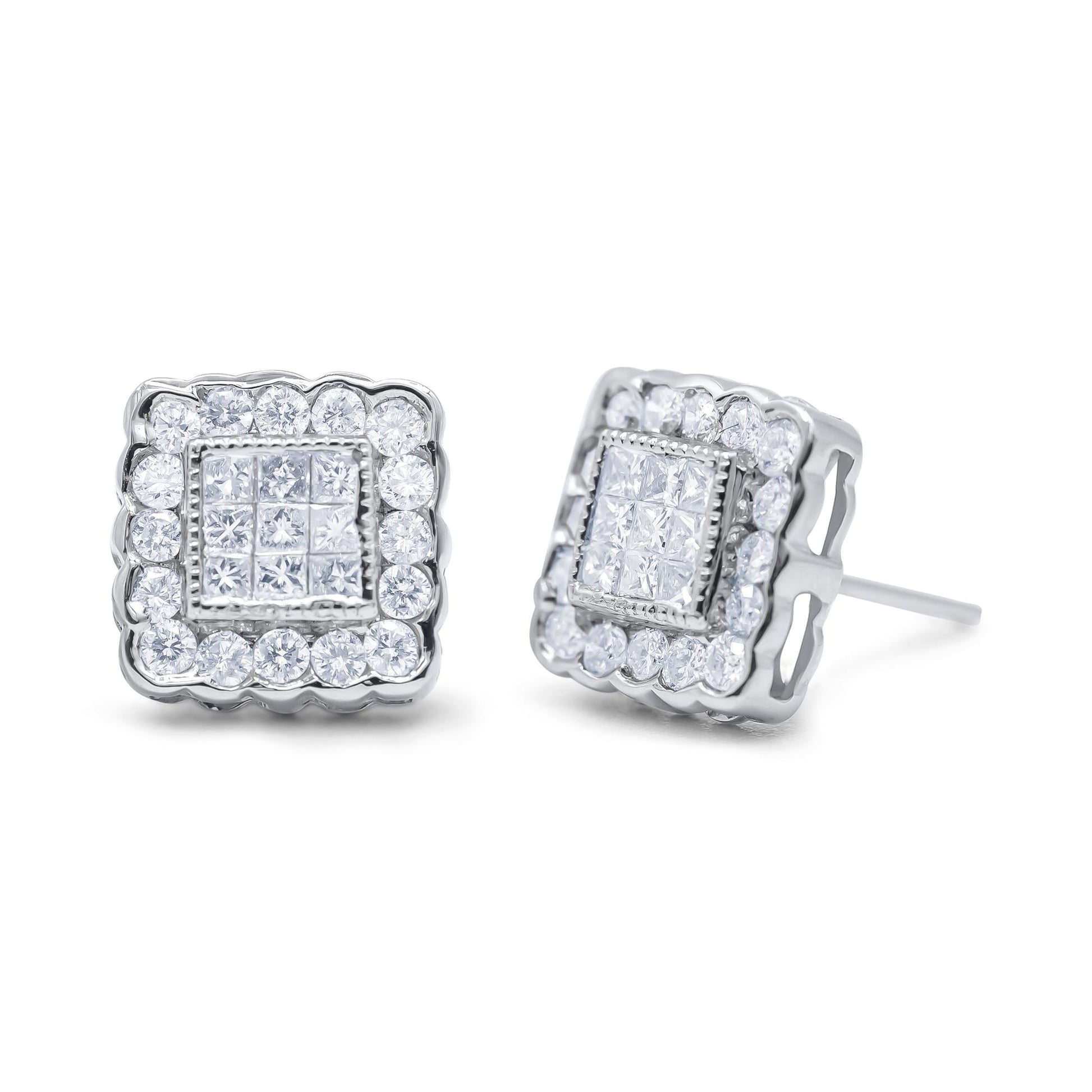 14K White Gold 1.0 Cttw Round Brilliant & Princess Cut Diamond Scallop - Edge Framed Square Halo Stud Earrings - Nobiliving