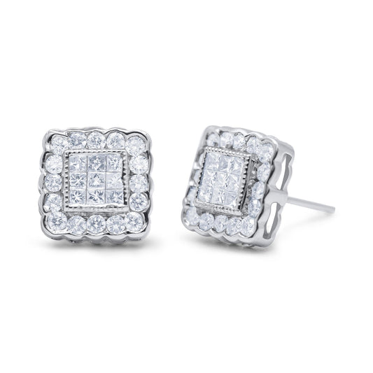 14K White Gold 1.0 Cttw Round Brilliant & Princess Cut Diamond Scallop - Edge Framed Square Halo Stud Earrings - Nobiliving