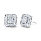 14K White Gold 1.0 Cttw Round Brilliant & Princess Cut Diamond Halo Stud Earrings