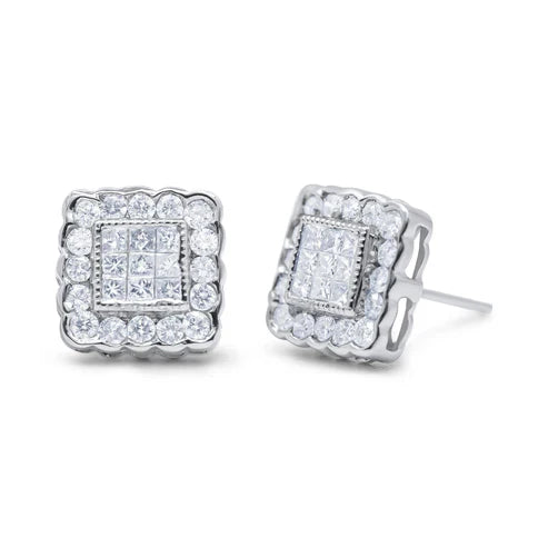 14K White Gold 1.0 Cttw Round Brilliant & Princess Cut Diamond Halo Stud Earrings