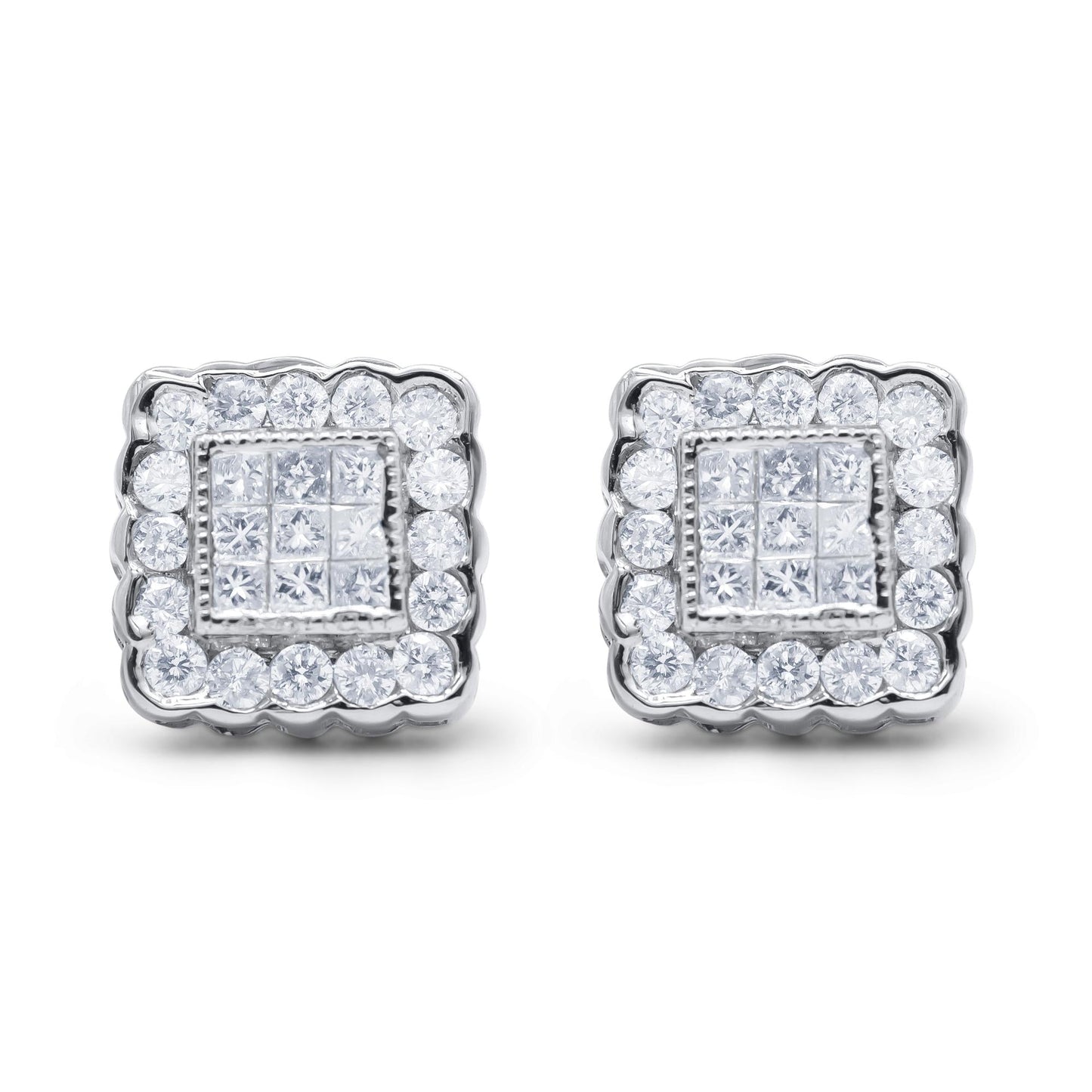 14K White Gold 1.0 Cttw Round Brilliant & Princess Cut Diamond Scallop - Edge Framed Square Halo Stud Earrings - Nobiliving