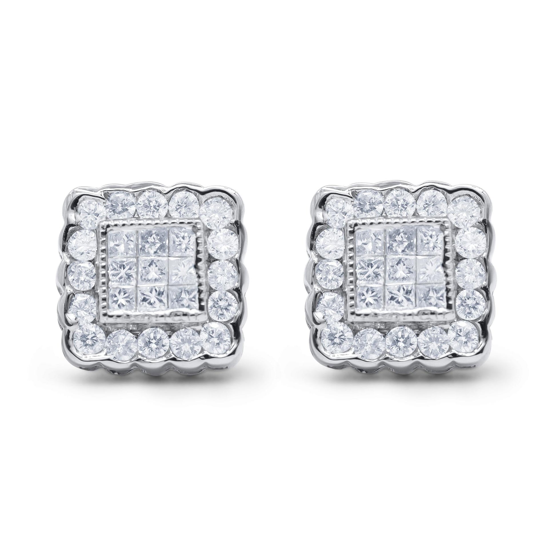 14K White Gold 1.0 Cttw Round Brilliant & Princess Cut Diamond Scallop - Edge Framed Square Halo Stud Earrings - Nobiliving
