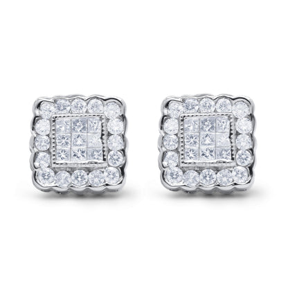 14K White Gold 1.0 Cttw Round Brilliant & Princess Cut Diamond Scallop - Edge Framed Square Halo Stud Earrings - Nobiliving