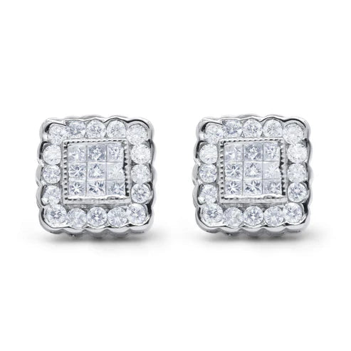 14K White Gold 1.0 Cttw Round Brilliant & Princess Cut Diamond Halo Stud Earrings