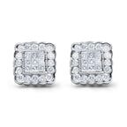 14K White Gold 1.0 Cttw Round Brilliant & Princess Cut Diamond Halo Stud Earrings