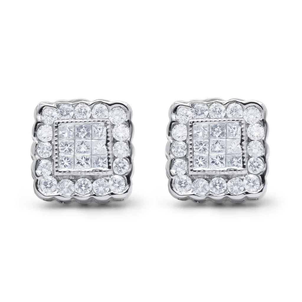 14K White Gold 1.0 Cttw Round Brilliant & Princess Cut Diamond Halo Stud Earrings