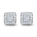 14K White Gold 1.0 Cttw Round Brilliant & Princess Cut Diamond Halo Stud Earrings