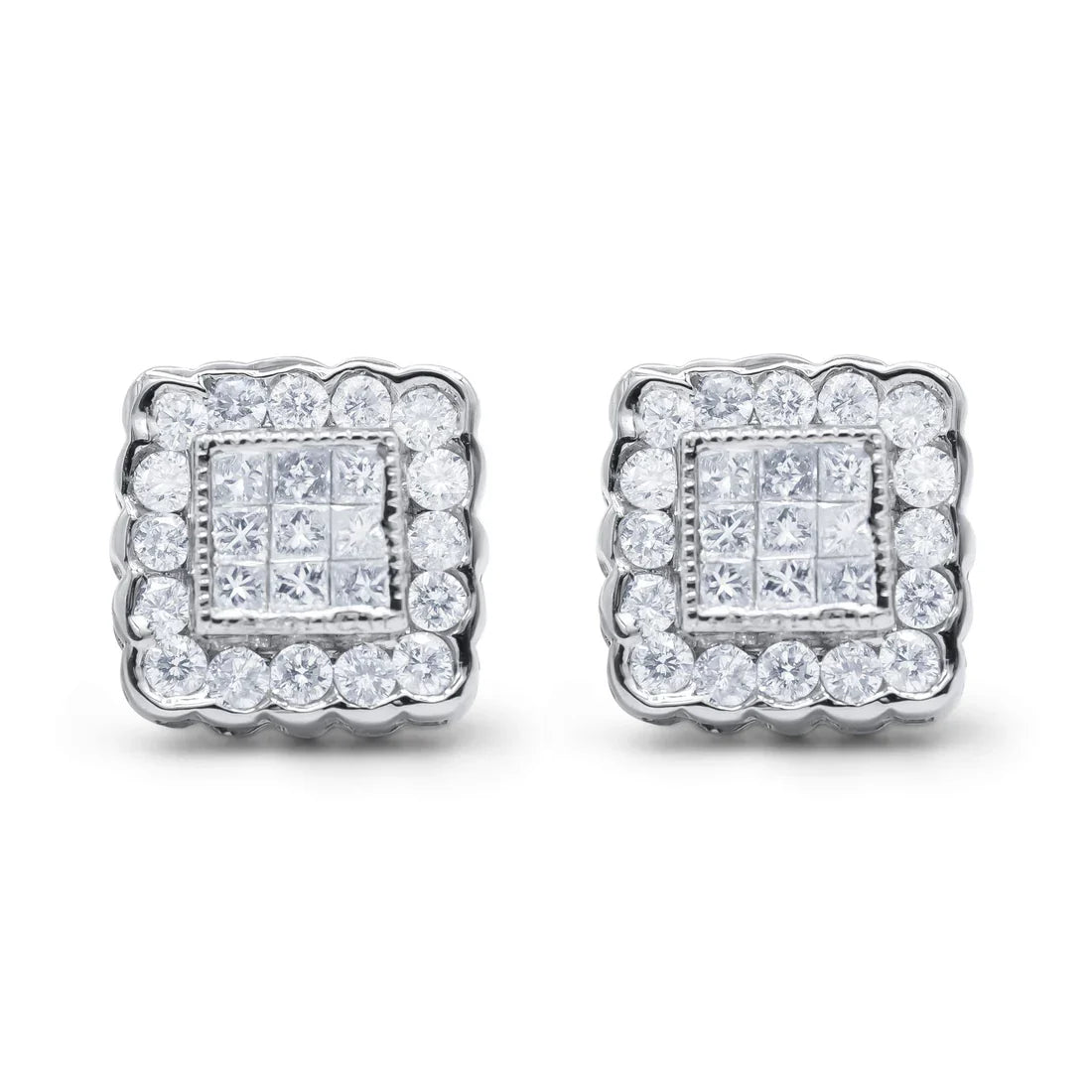 14K White Gold 1.0 Cttw Round Brilliant & Princess Cut Diamond Halo Stud Earrings