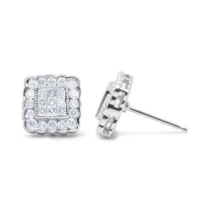 14K White Gold 1.0 Cttw Round Brilliant & Princess Cut Diamond Scallop - Edge Framed Square Halo Stud Earrings - Nobiliving