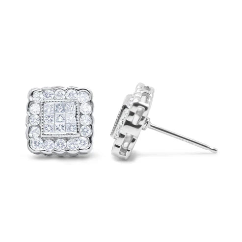 14K White Gold 1.0 Cttw Round Brilliant & Princess Cut Diamond Halo Stud Earrings