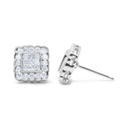 14K White Gold 1.0 Cttw Round Brilliant & Princess Cut Diamond Halo Stud Earrings