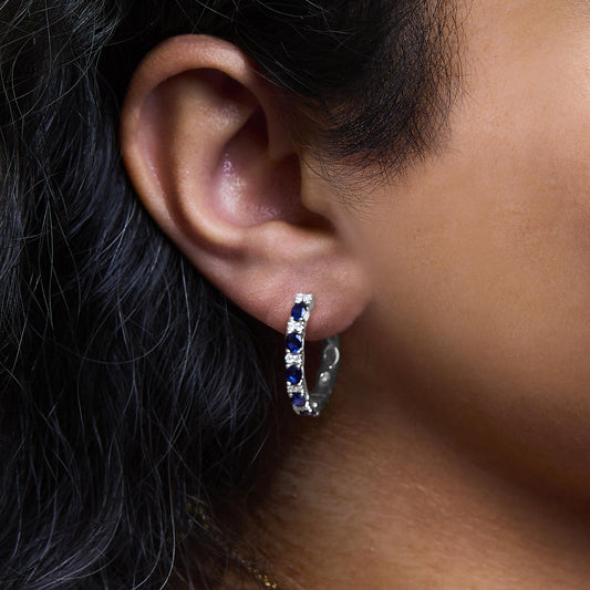 14K White Gold 4x3mm Oval Blue Sapphire and 1/4 Cttw Diamond Alternating Hoop Earrings - Nobiliving