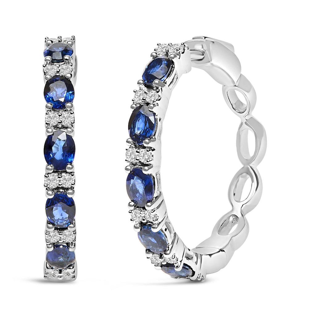 14K White Gold 4x3mm Oval Blue Sapphire and 1/4 Cttw Diamond Alternating Hoop Earrings - Nobiliving