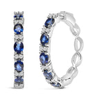 14K White Gold 4x3mm Oval Blue Sapphire and 1/4 Cttw Diamond Alternating Hoop Earrings - Nobiliving