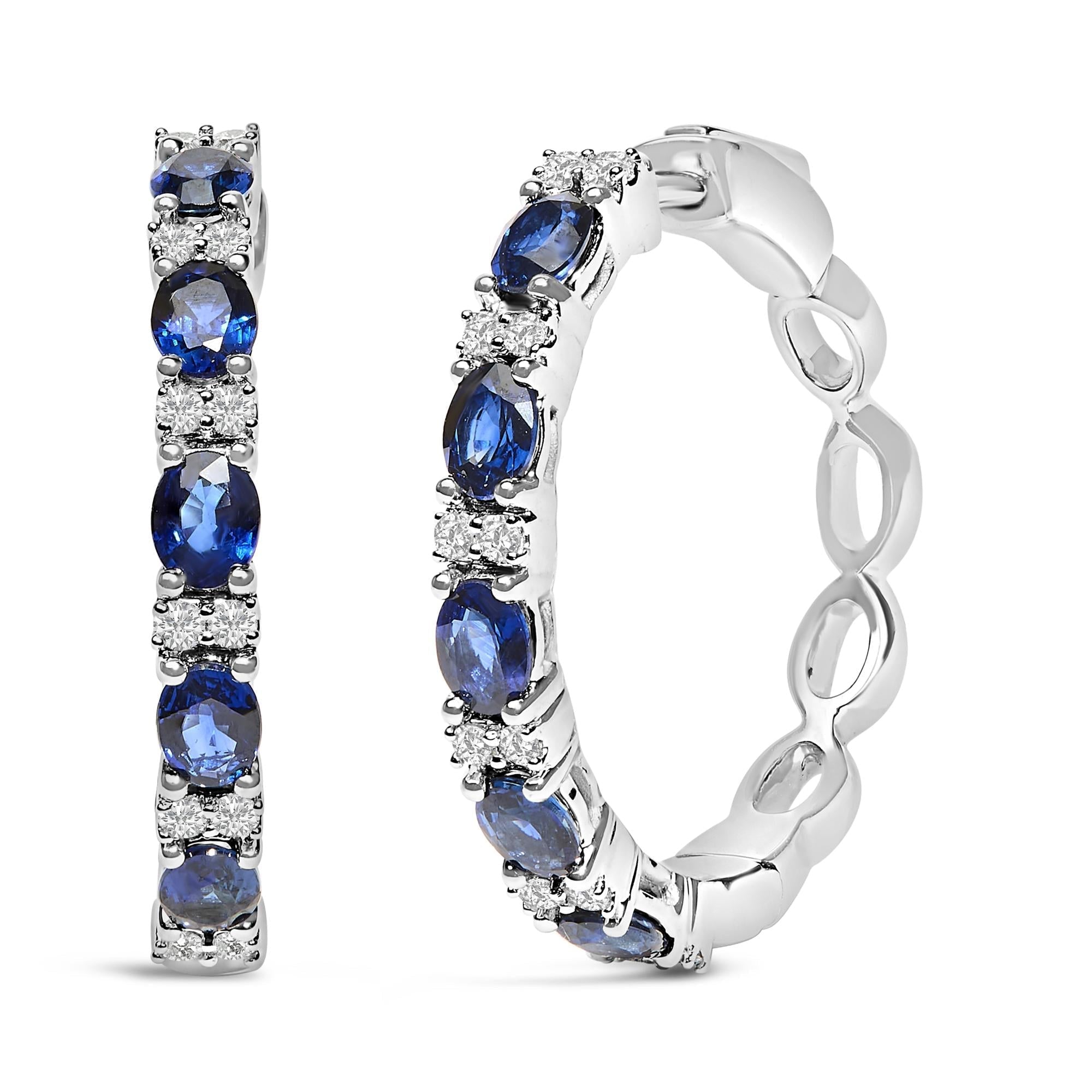 14K White Gold 4x3mm Oval Blue Sapphire and 1/4 Cttw Diamond Alternating Hoop Earrings - Nobiliving