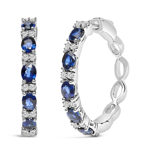 14K White Gold 4x3mm Oval Blue Sapphire and 1/4 Cttw Diamond Alternating Hoop Earrings - Nobiliving