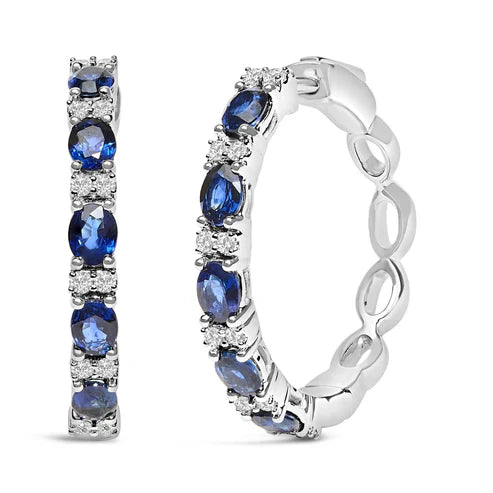 14K White Gold 4x3mm Oval Blue Sapphire and 1/4 Cttw Diamond Alternating Hoop Earrings