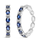 14K White Gold 4x3mm Oval Blue Sapphire and 1/4 Cttw Diamond Alternating Hoop Earrings