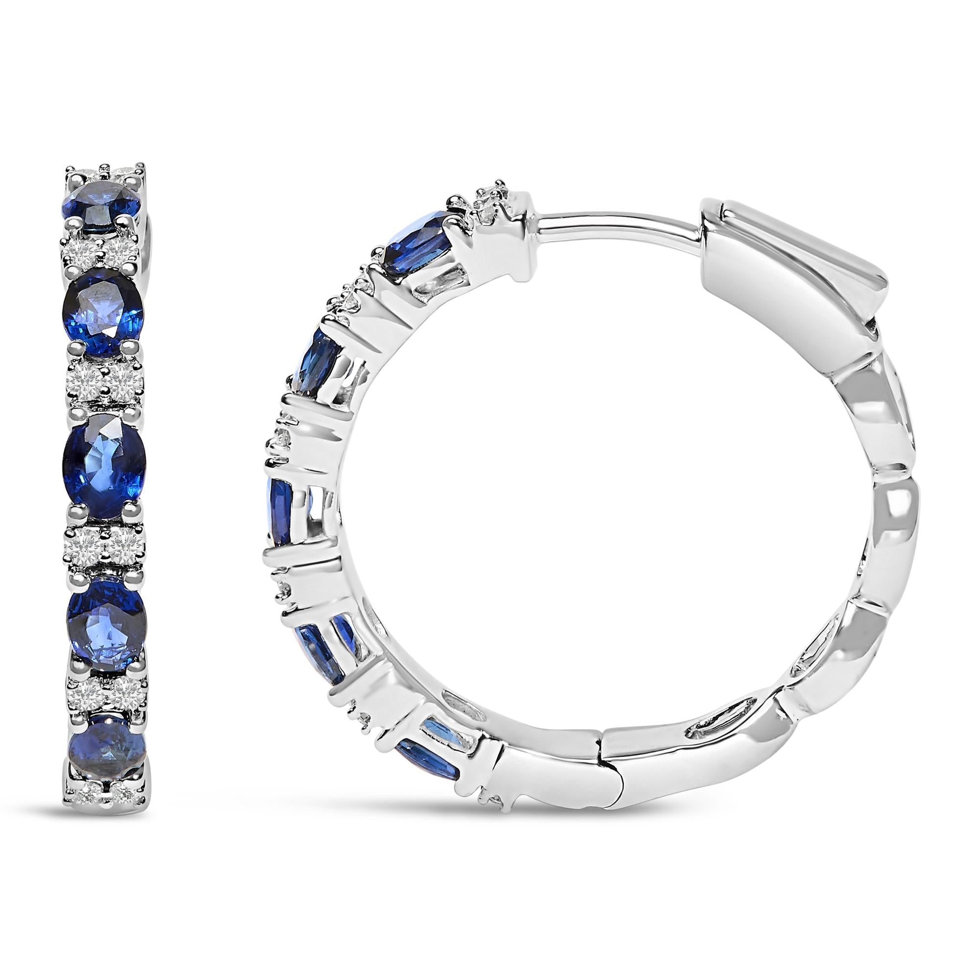 14K White Gold 4x3mm Oval Blue Sapphire and 1/4 Cttw Diamond Alternating Hoop Earrings - Nobiliving