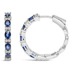 14K White Gold 4x3mm Oval Blue Sapphire and 1/4 Cttw Diamond Alternating Hoop Earrings