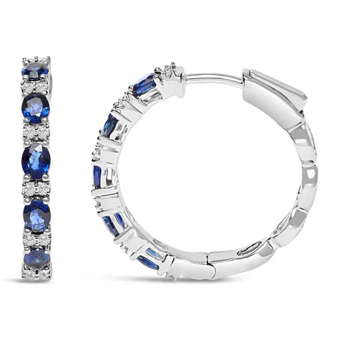14K White Gold 4x3mm Oval Blue Sapphire and 1/4 Cttw Diamond Alternating Hoop Earrings