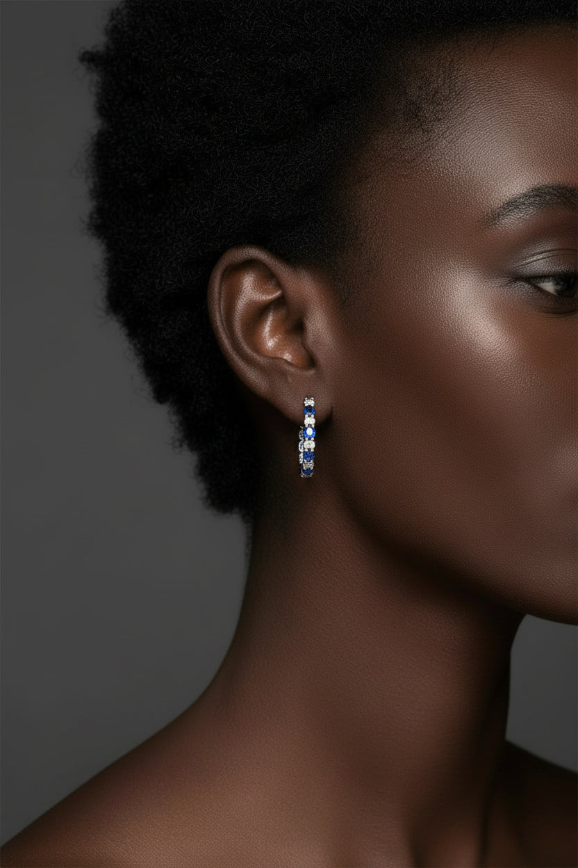 14K White Gold 4x3mm Oval Blue Sapphire and 1/4 Cttw Diamond Alternating Hoop Earrings - Nobiliving