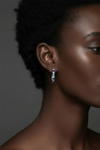 14K White Gold 4x3mm Oval Blue Sapphire and 1/4 Cttw Diamond Alternating Hoop Earrings - Nobiliving