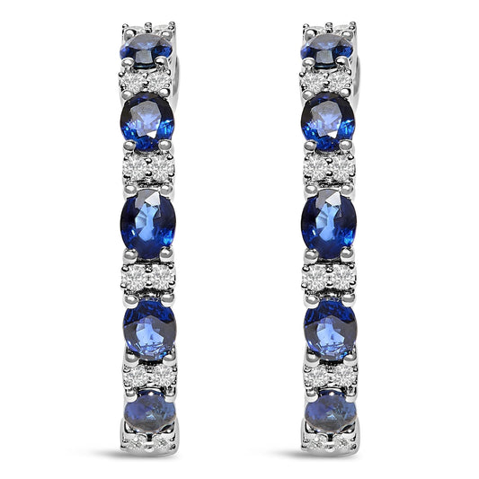 14K White Gold 4x3mm Oval Blue Sapphire and 1/4 Cttw Diamond Alternating Hoop Earrings - Nobiliving