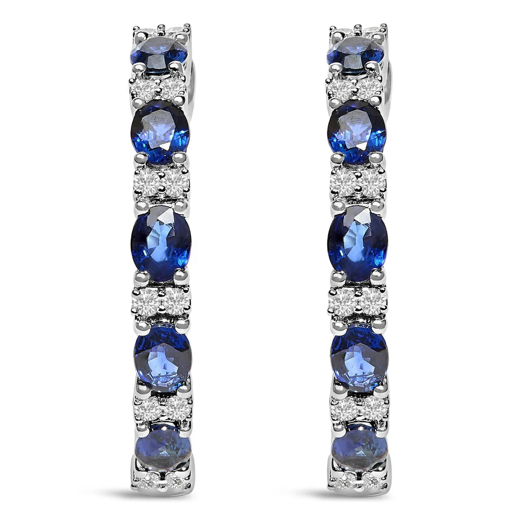 14K White Gold 4x3mm Oval Blue Sapphire and 1/4 Cttw Diamond Alternating Hoop Earrings