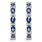 14K White Gold 4x3mm Oval Blue Sapphire and 1/4 Cttw Diamond Alternating Hoop Earrings