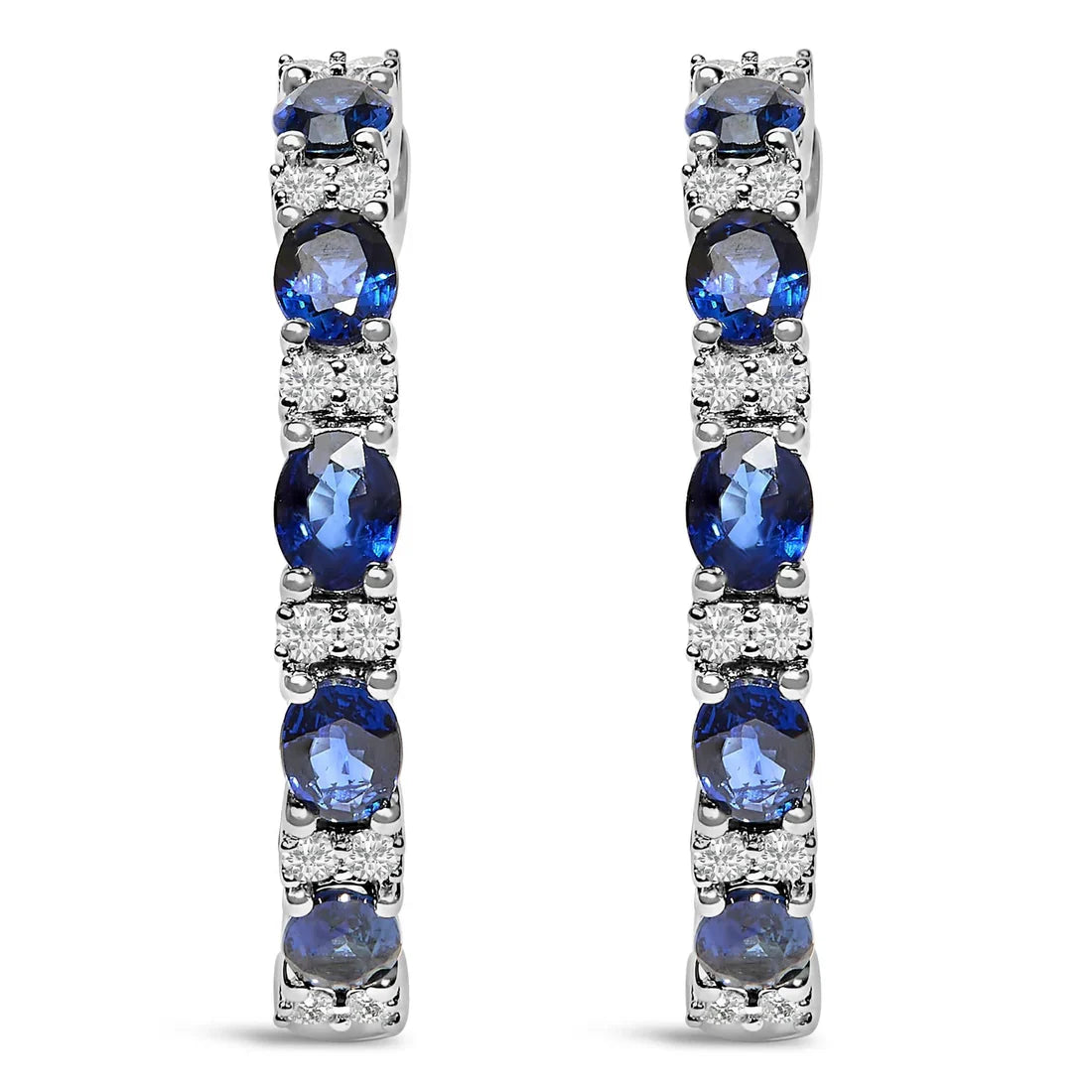 14K White Gold 4x3mm Oval Blue Sapphire and 1/4 Cttw Diamond Alternating Hoop Earrings