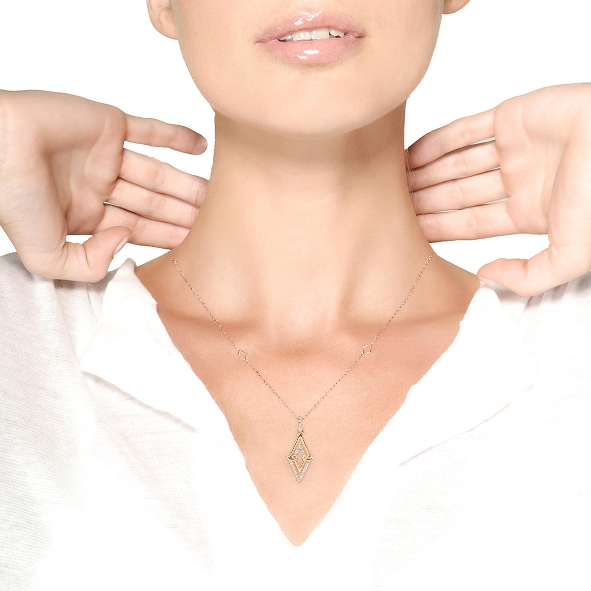 14K Yellow Gold 1/4 Cttw Diamond Double Triangle Geometric 18" Pendant Necklace (G - H Color, SI1 - SI2 Clarity) - Nobiliving