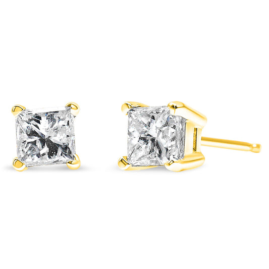 14K Yellow Gold 1/5 Cttw Princess - Cut Square Near Colorless Diamond Classic 4 - Prong Solitaire Stud Earrings - Nobiliving