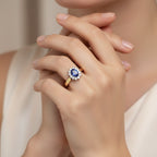 14K Yellow Gold 1/5 Cttw Round Diamond and 6x4mm Oval Blue Tanzanite Halo Ring (H - I Color, I1 - I2 Clarity) - Nobiliving