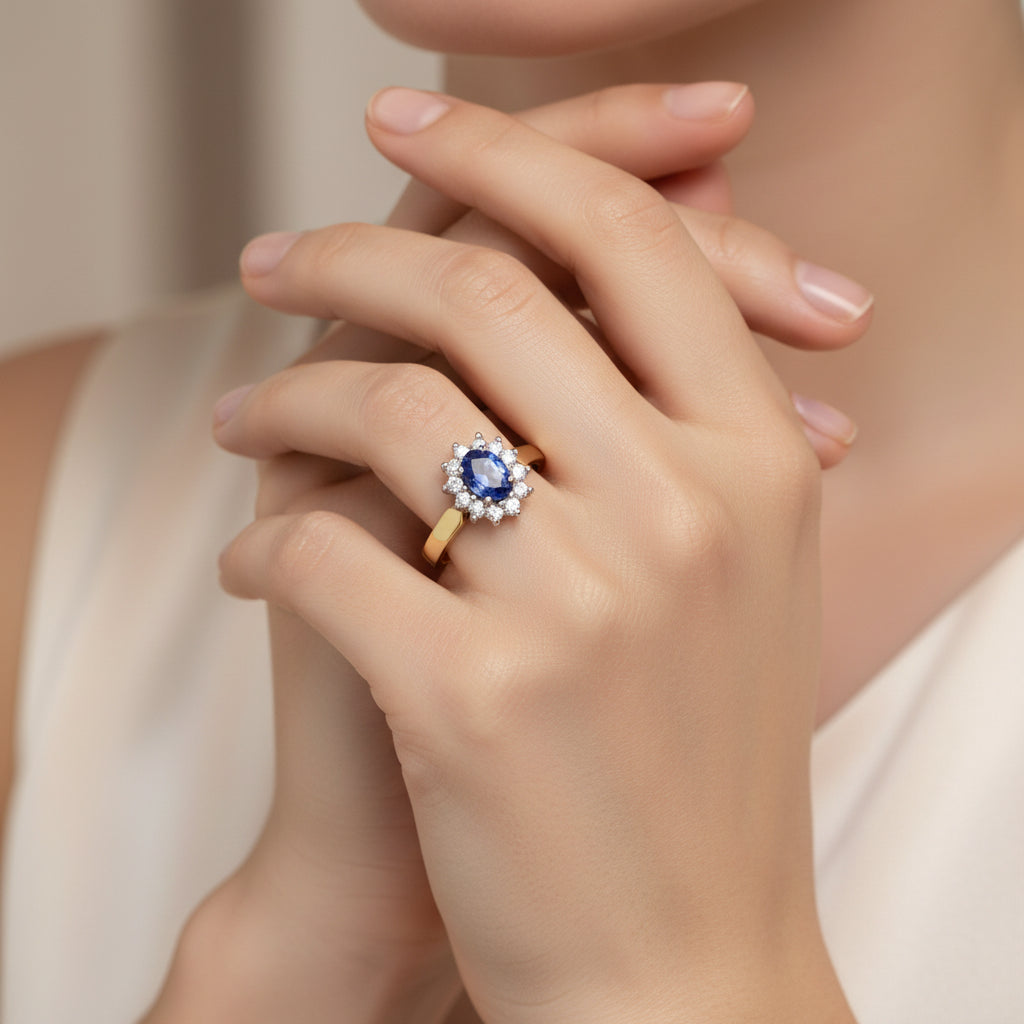 14K Yellow Gold 1/5 Cttw Round Diamond and 6x4mm Oval Blue Tanzanite Halo Ring (H - I Color, I1 - I2 Clarity) - Nobiliving