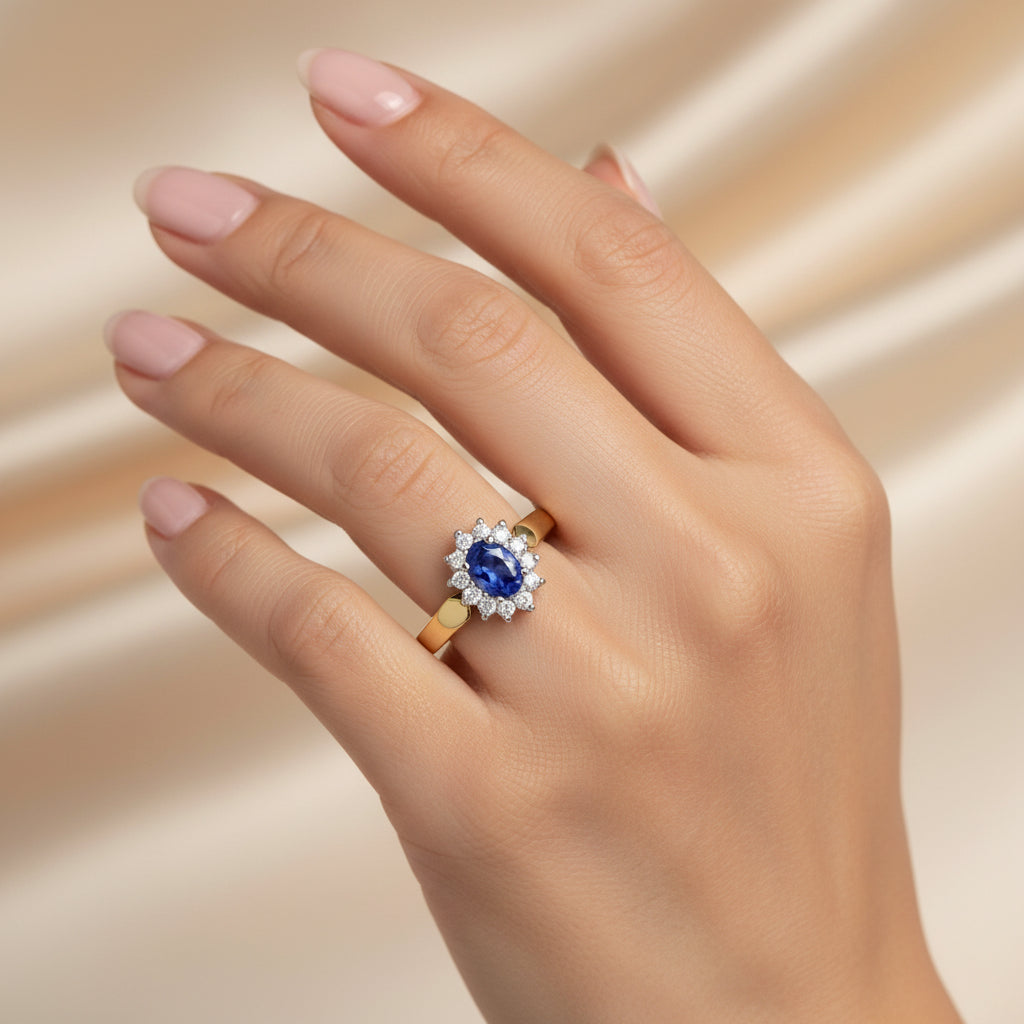 14K Yellow Gold 1/5 Cttw Round Diamond and 6x4mm Oval Blue Tanzanite Halo Ring (H - I Color, I1 - I2 Clarity) - Nobiliving