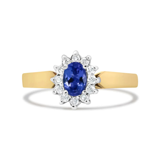14K Yellow Gold 1/5 Cttw Round Diamond and 6x4mm Oval Blue Tanzanite Halo Ring (H - I Color, I1 - I2 Clarity) - Nobiliving